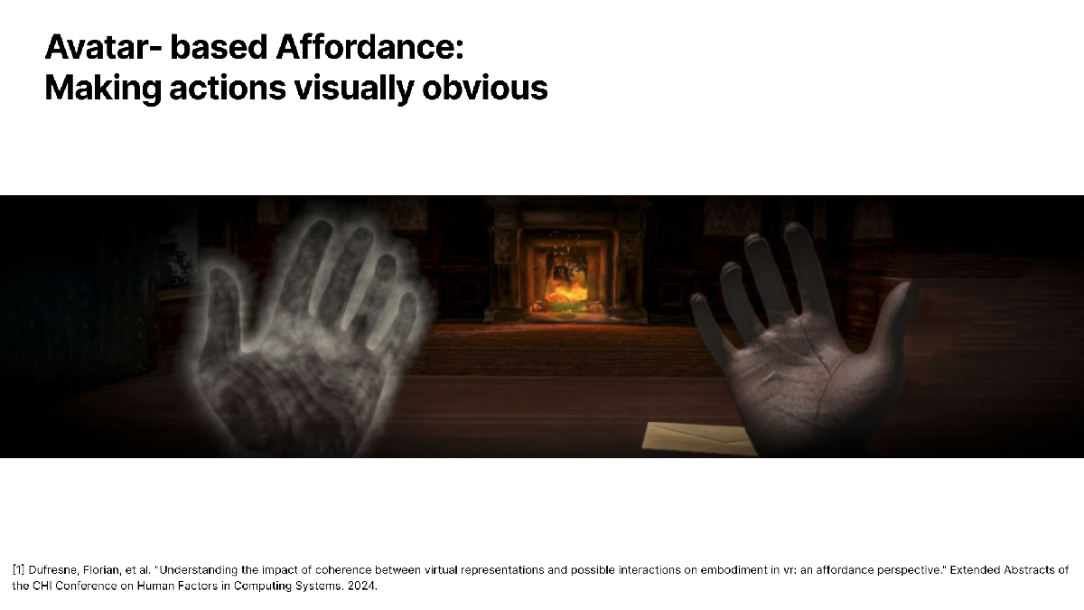 Avatar-based affordance example in which glowing hands signal an available fire interaction